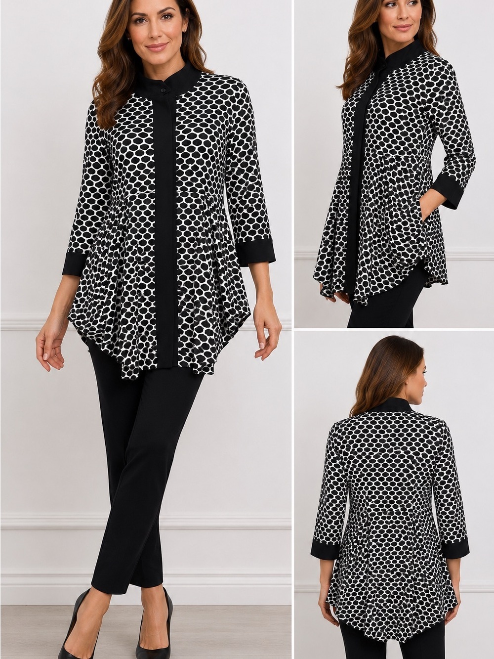 Joseph Ribkoff Black & White Geo-Print Tunic with Contrast Trim